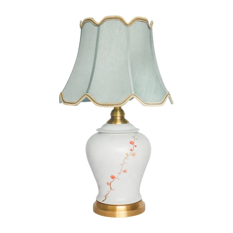 Matt white  ceramic table lamp with hand-painted plum blossom Chinese style porcelain luxury bedside lamps with fabric shade