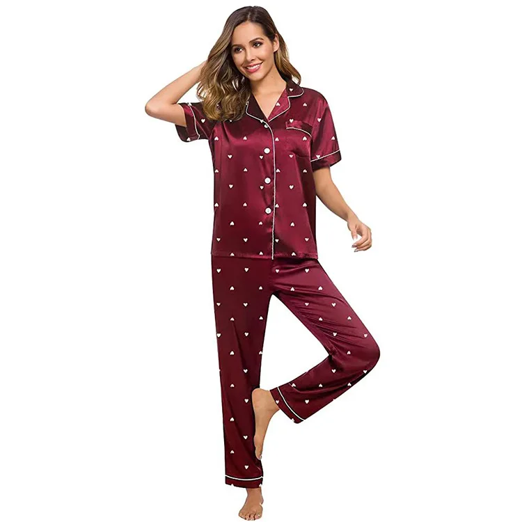 Woman Two-Piece Satin Pajamas Nightgown  Plus Size Satin Sleep Pajamas Red Love Set For Women