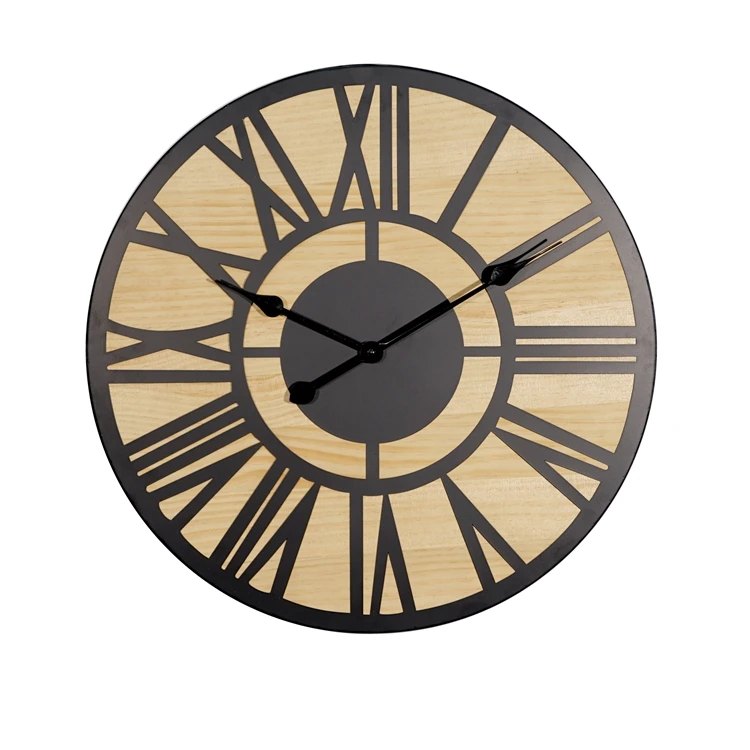 INNOVA oldtown farmhouse rustic industrial style black metal and wood large noiseless wall clock