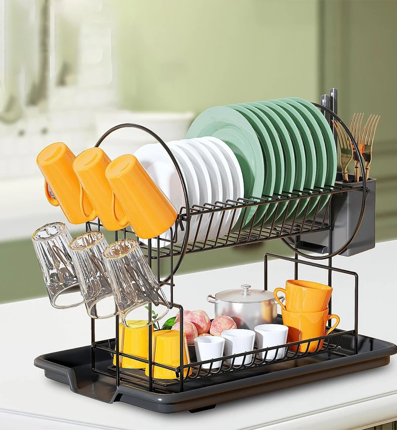 wire rack powder coated iron two layer 2 tier storage holder dish drying racks drainer with cup holder for dishes