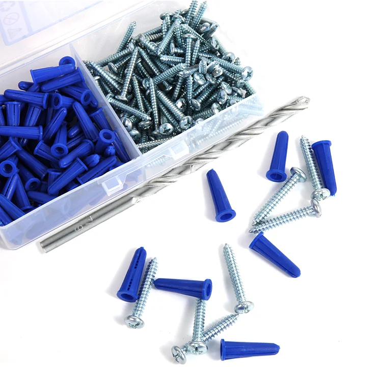 201PCS Concrete Wall Anchors and Screws Assortment Kit, #10-12 Plastic Blue Anchor and Self Tapping Screws with 1PCS Drill Bit