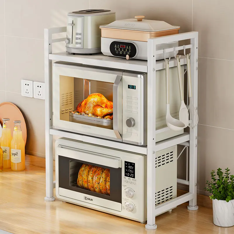 white kitchen desktop scalable height adjustable double layer microwave oven rack countertop toasters pizza oven Storage holder