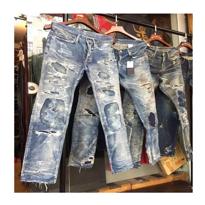 Lotfeel  OEM custom high quality ripped slim fit man cotton heavy washing denim japanese selvedge denim jeans man