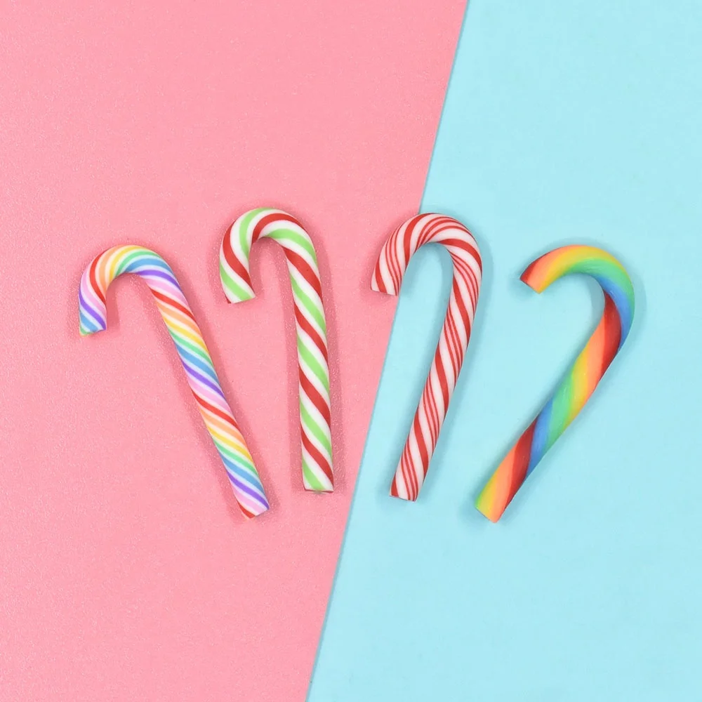New Selling Rainbow Stripe Soft Polymer Clay Christmas Candy Canes Christmas Party Dollhouse Decoration