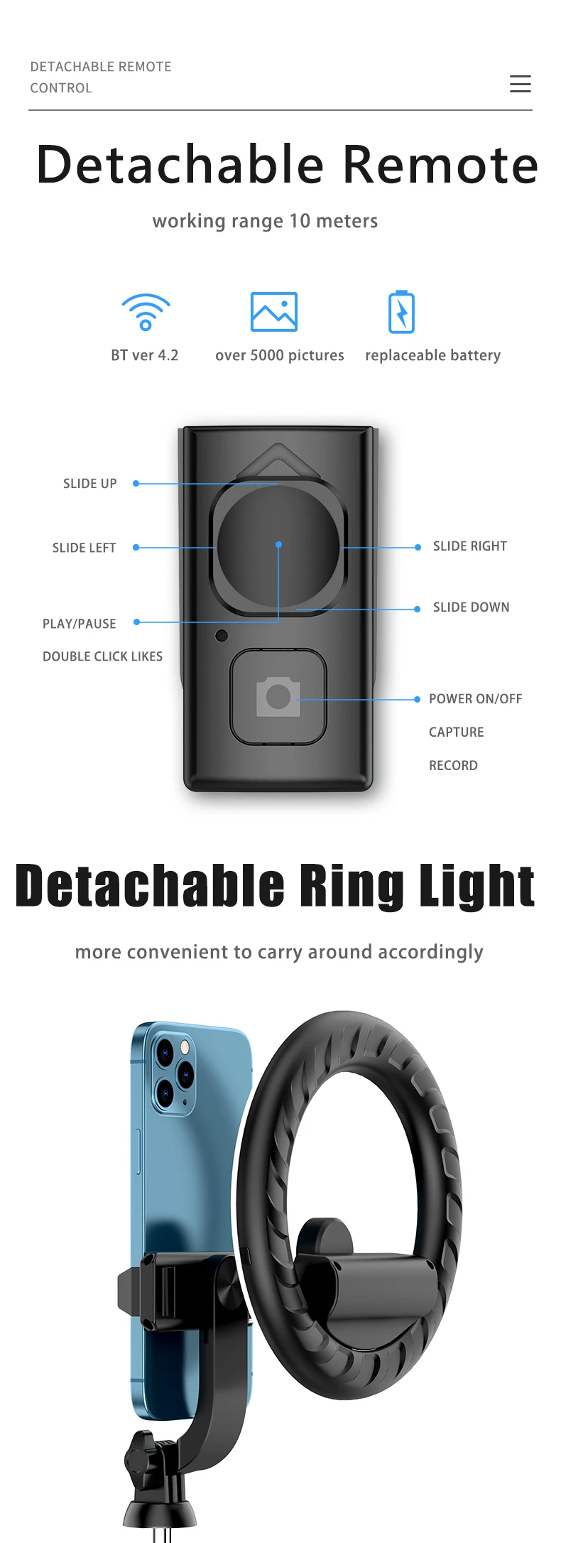 New Portable Wireless TikTok Detachable Remote V01 Portable Extendable Tripod Selfie Stick With Ring Light