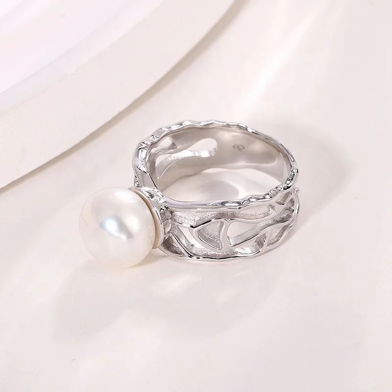 Kammy 10-10.5mm Custom Wholesale Designer Fashion Jewelry Irregular Hollow Out Minimalist Freshwater Pearl Rings For Man
