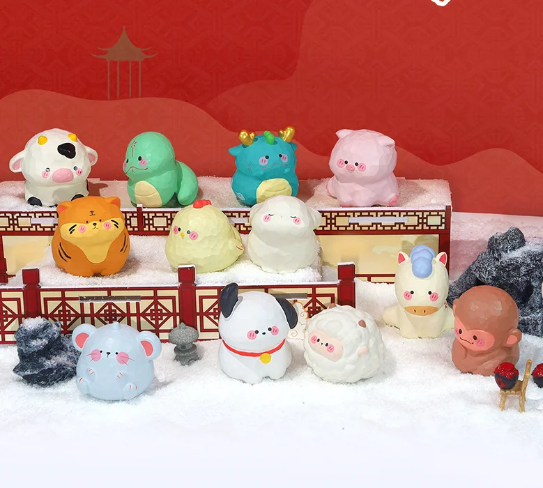 New Ornament Lucky Small Zodiac Ornament 12 Zodiac Resin Desktop Decoration Cartoon Doll engravable gift items