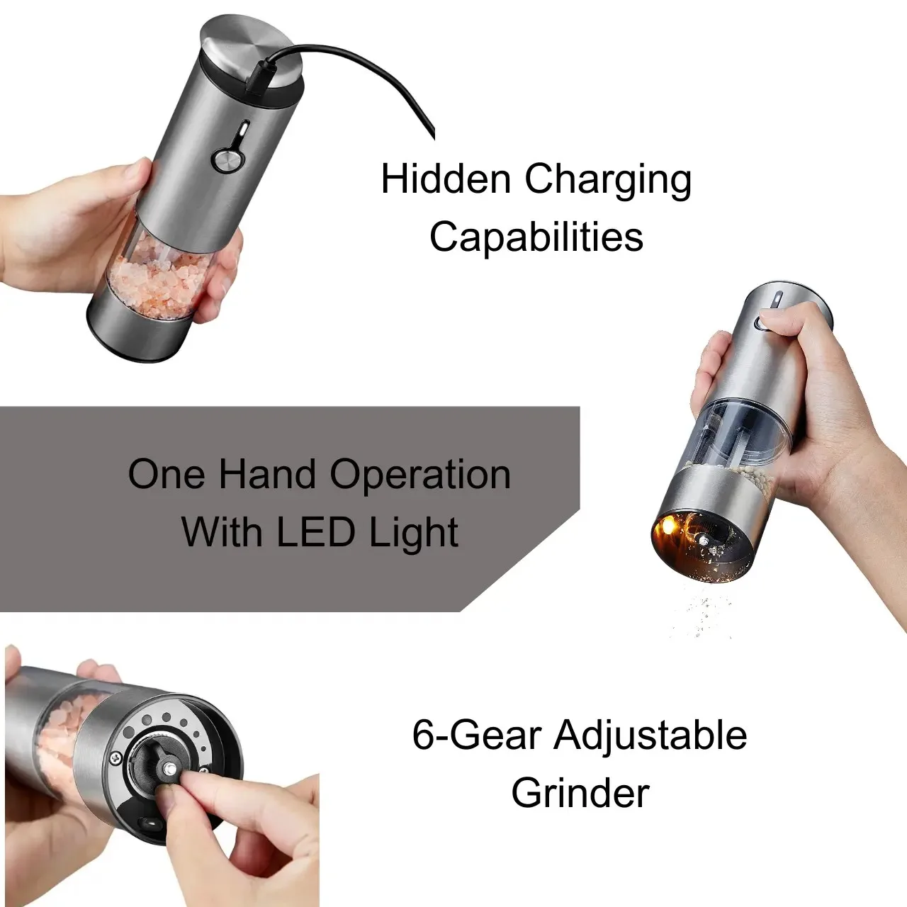 Rechargeable USB Ceramic Burr manual Spice Mill Gravity Electric Salt and Pepper Grinder with LED light