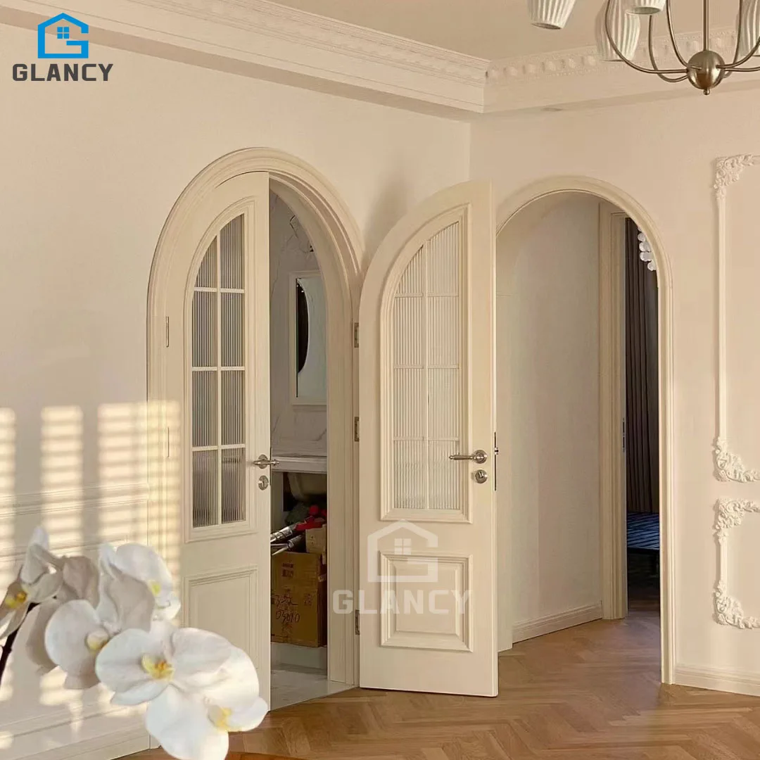 Home Decoration European Style Mahogany Solid Wooden Round Top Doors Arch Interior Wooden Door With Glass