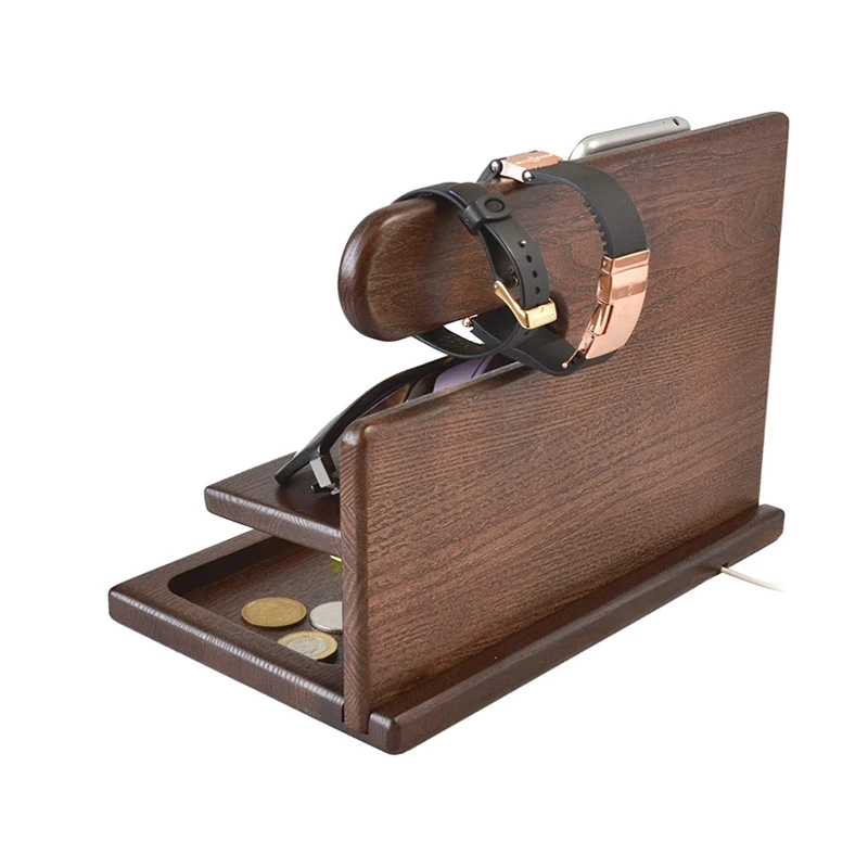 Nature Wood Phone Docking Station,Key Holder Wallet Watch Organizer Stand,Desktop desk wood mobile phone holders stand