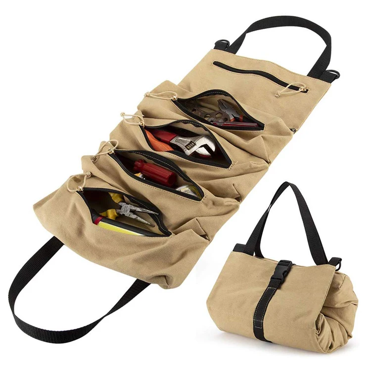 Multi-Purpose Tool Roll Up Bag Car First Aid Kit Wrap Roll Storage Case Hanging Tool Roll Up Bag Canvas with 5 Zipper Pockets