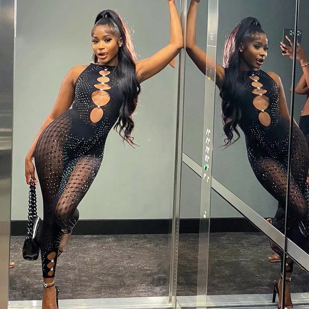 Wholesale new arrivals 2022 ladies o neck hollow out patchwork rhinestone flash mesh see through sexy jumpsuit