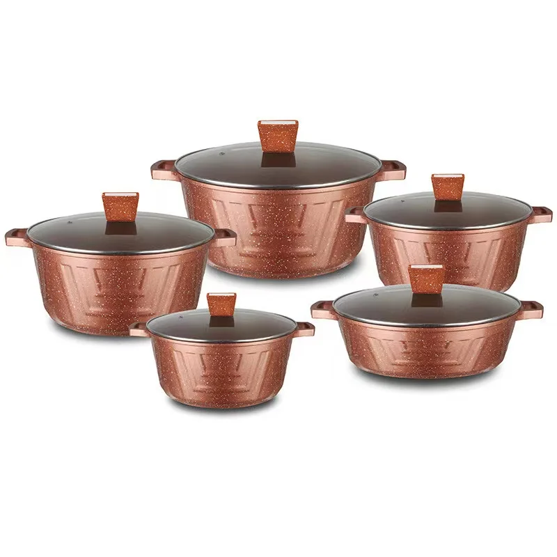 Hot Sale Die Cast Granite Coating Non Stick 10pcs Cookware Marble Coated 10pcs  Granite Aluminum Casserole Cooking Pot Set