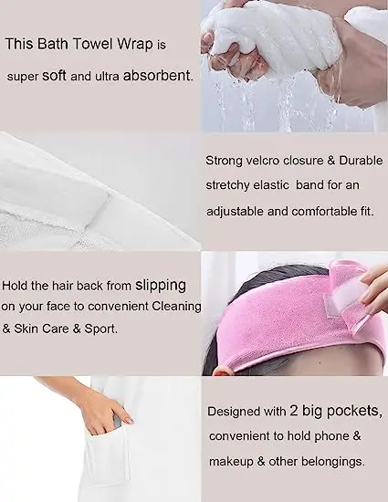 Super Soft Shower with Pocket Adjustable Robe Women Bath Wrap Towel