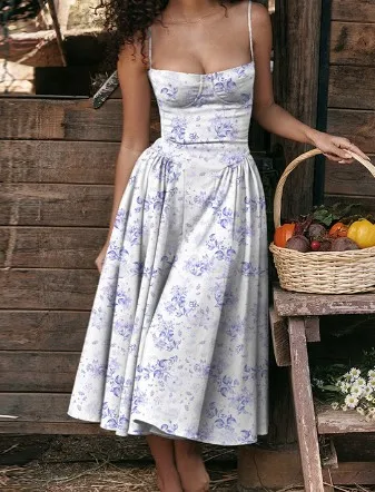 GX24586 Summer New Fashion Sleeveless Printed Spaghetti Strap Dresses Sexy Backless Slim Fit Maxi Dress