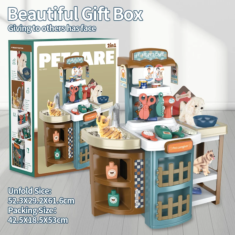 2 IN 1 Multi-function Pet Care Table Storage Suitcase Pet Wash Set Toys Educational Pretend Pet Kit for Children