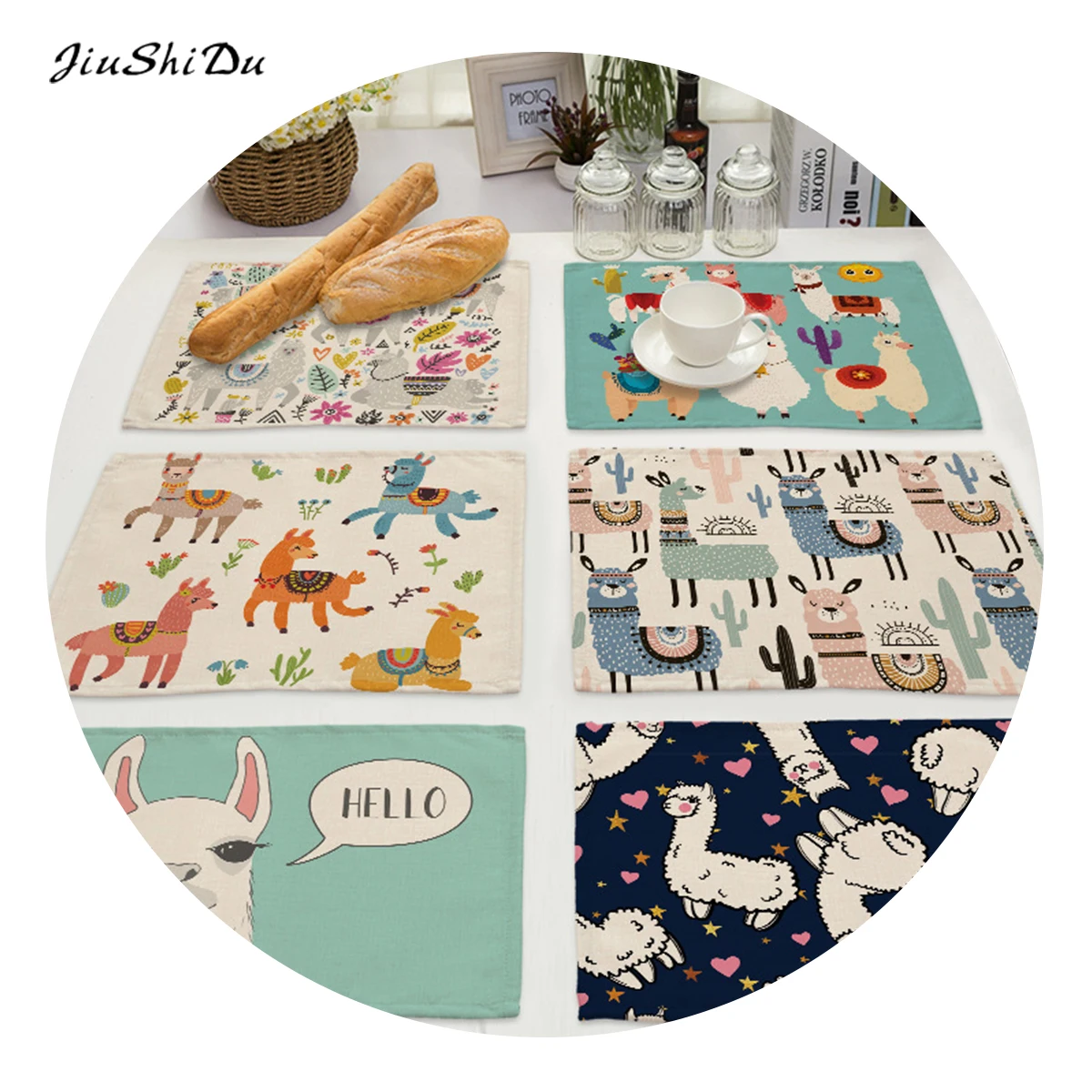 
Cartoon cute alpaca animal printed cotton and linen cloth western place mat 