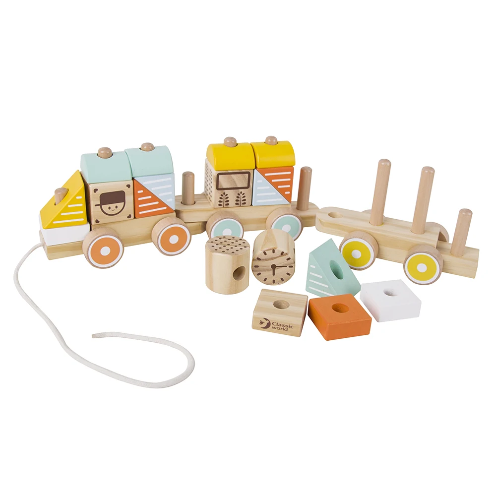 Classic World Wooden Educational Toys Infant Girl Boy Push and Pull Train with Stackable Blocks for Babies
