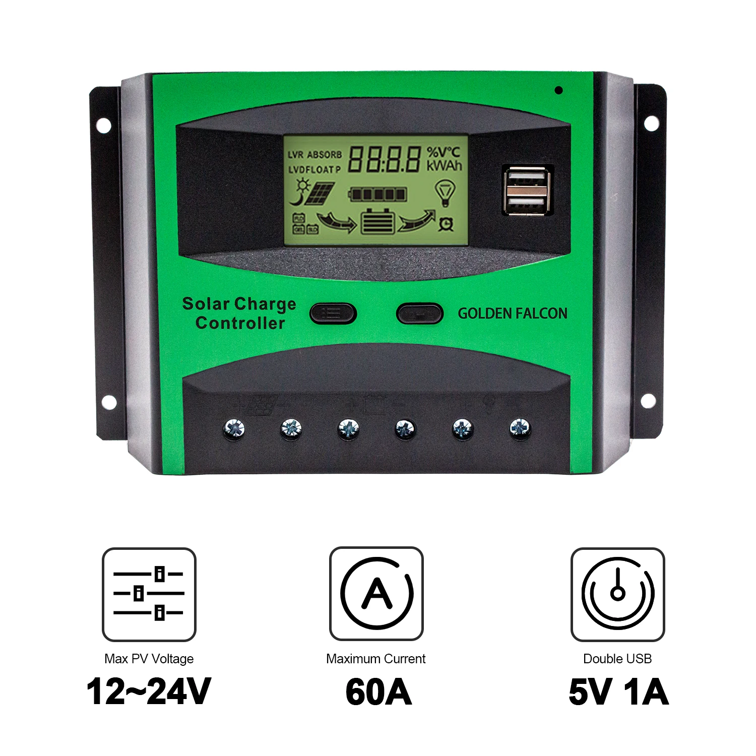 Solar Panel Regulator 12V/24V Dual USB Auto PWM Solar Charge Controller 60A