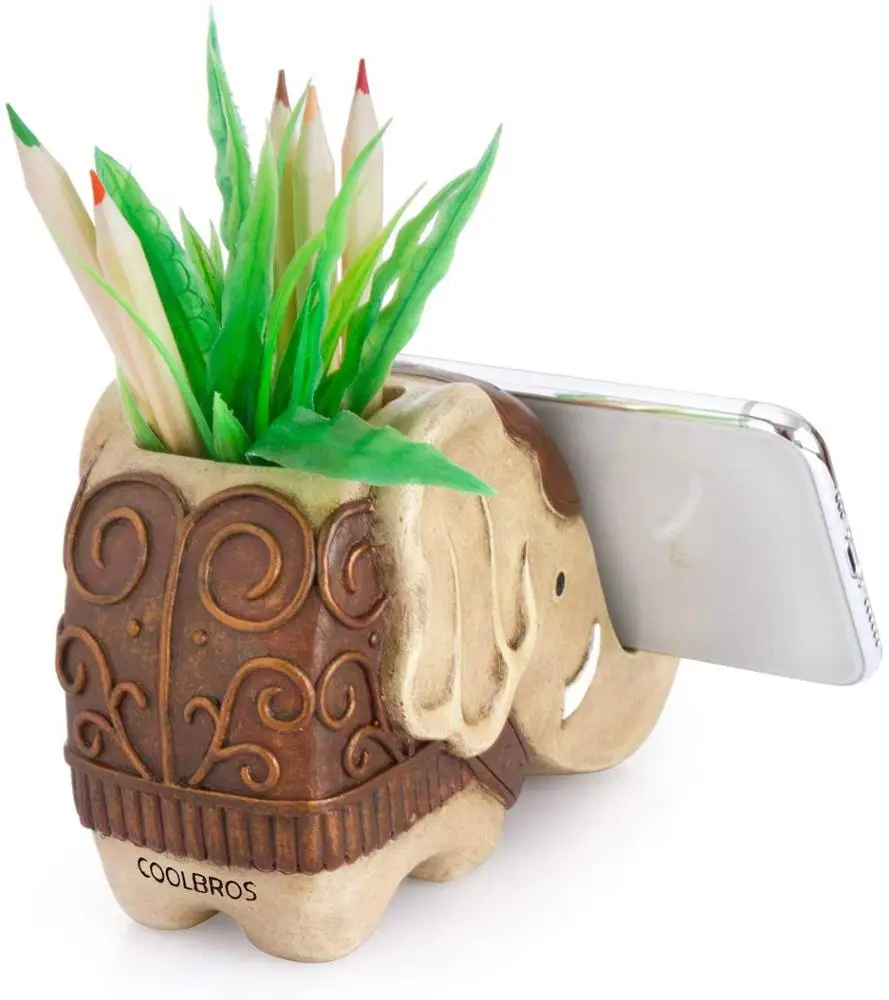 
Pen Pencil Holder with Phone Stand Resin Elephant Shaped Pen Container Cell Phone Stand for Office Desk Home Decorative 