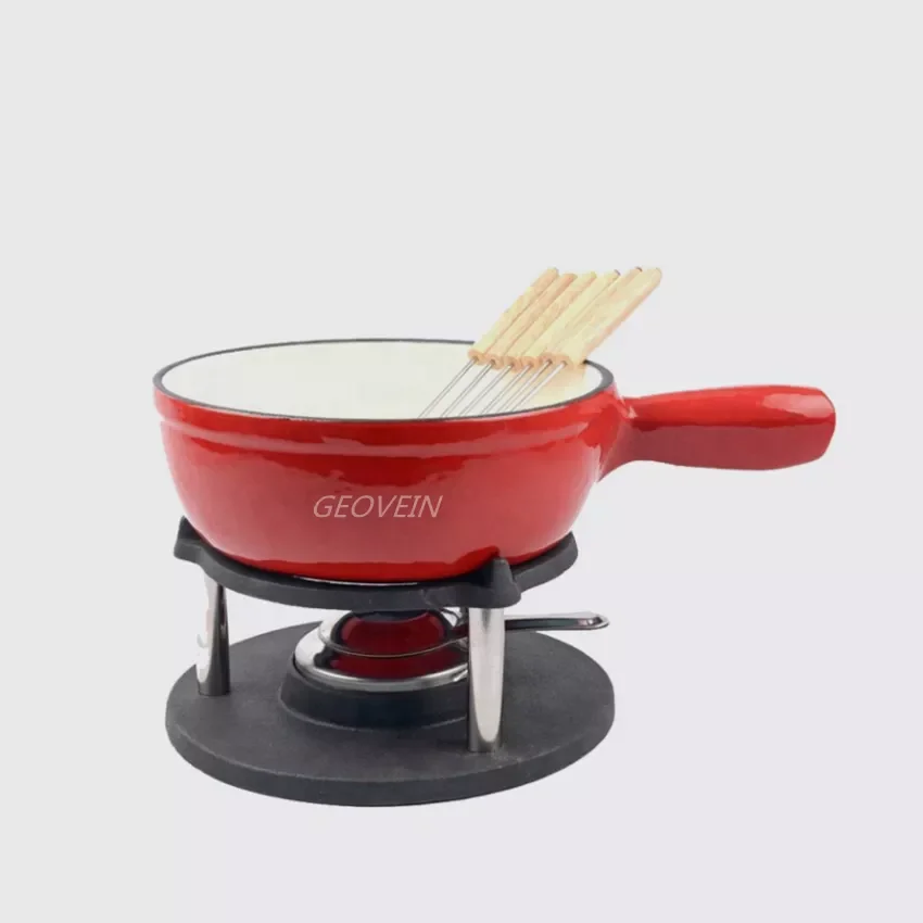 6 Fondue Forks Burner Cast Iron Cheese and Chocolate Fondue Pot Set