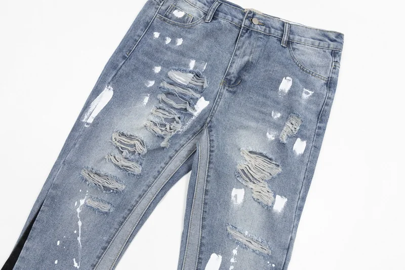 Fashion Gallery Hip Hop Retro Straight Flare Distressed Jeans Patchwork Denim Wide Leg Loose Pants For Men