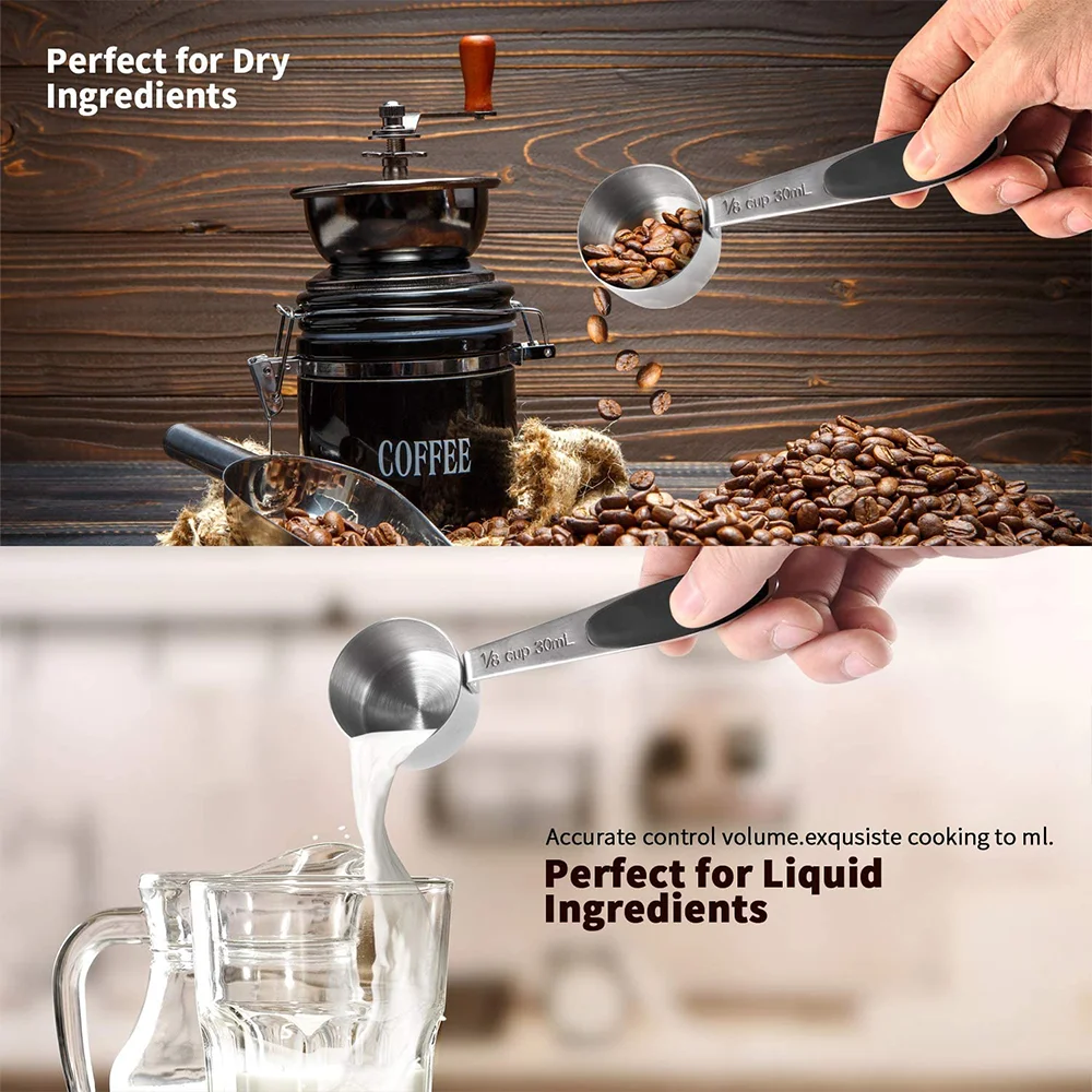 Custom stainless steel metal Kitchen cooking Measuring Cups and Spoons Set silicone handle . spoon cup of 6 30ml 250ml 5ml 2.5ml