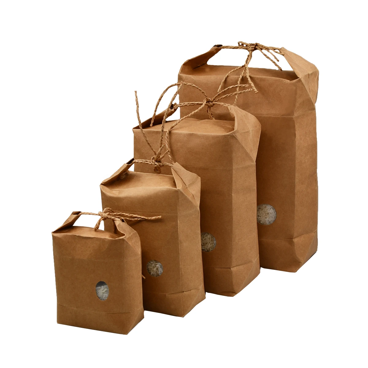 custom size brown kraft paper rice packaging 10 kg bags with clear window
