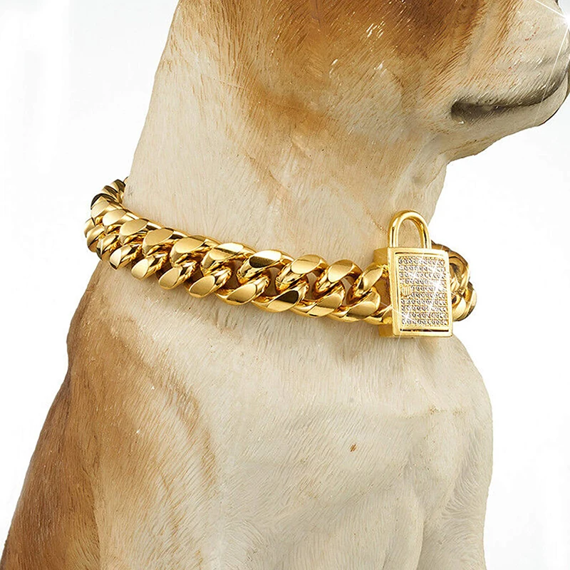 Cuban Link Dog Collar Designer rose Gold Chain Collar with Zirconia Locking 14mm Metal Puppy Collar Luxury Dog Bling Necklace