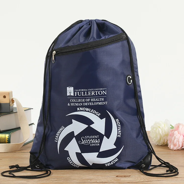 Custom Promotional Waterproof 210D Polyester Black Sports Nylon Drawstring String Back Pack Gift Bag with Zipper Pocket logo