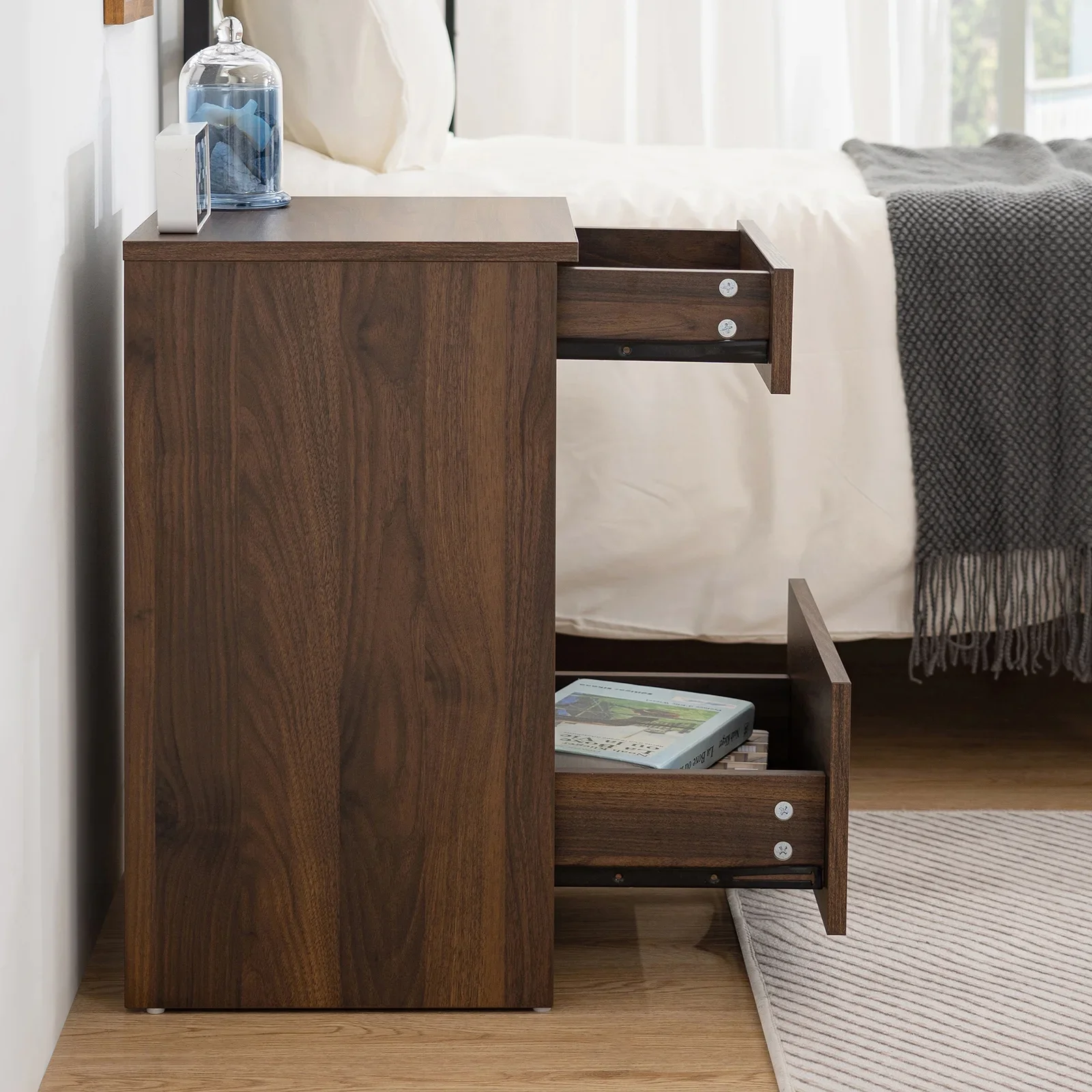 Customized Wooden 2-Drawer Nightstand with Open Shelf Bedside Table with Storage End Table in Dark Walnut