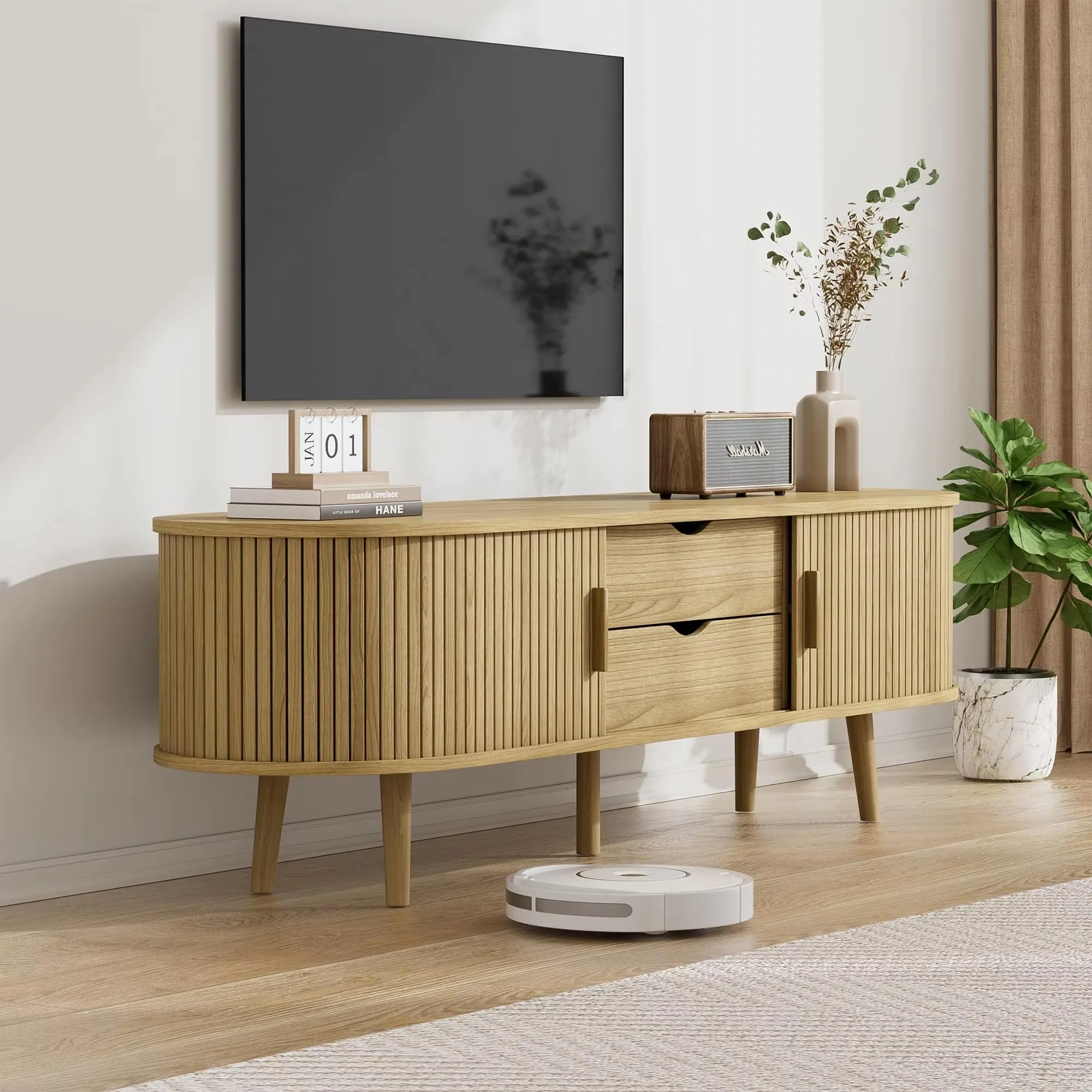 Farmhouse Curved Round Edge TV and Media Console Table 2024 New TV Cabinet with Siding Door