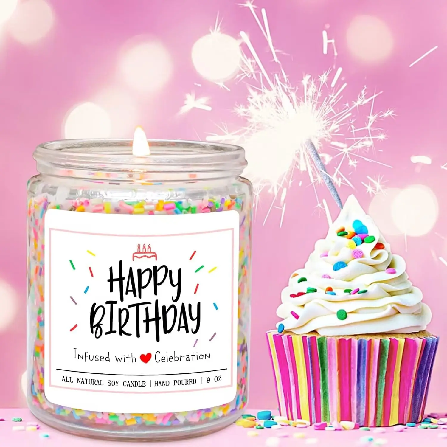 Decoration Candy Candle Vanilla Birthday Cake Scent  Candle with Sprinkles Cute Birthday Gifts for Women Ideas 9 oz  Bday Gift