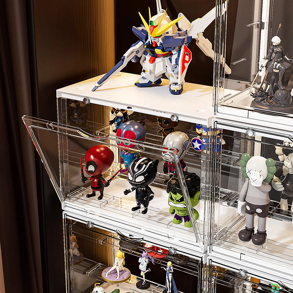 Lighting Clear Acrylic Display Case for Lego Minifigure, Action Figure with Shelf Collectibles Storage Assemble Showcase