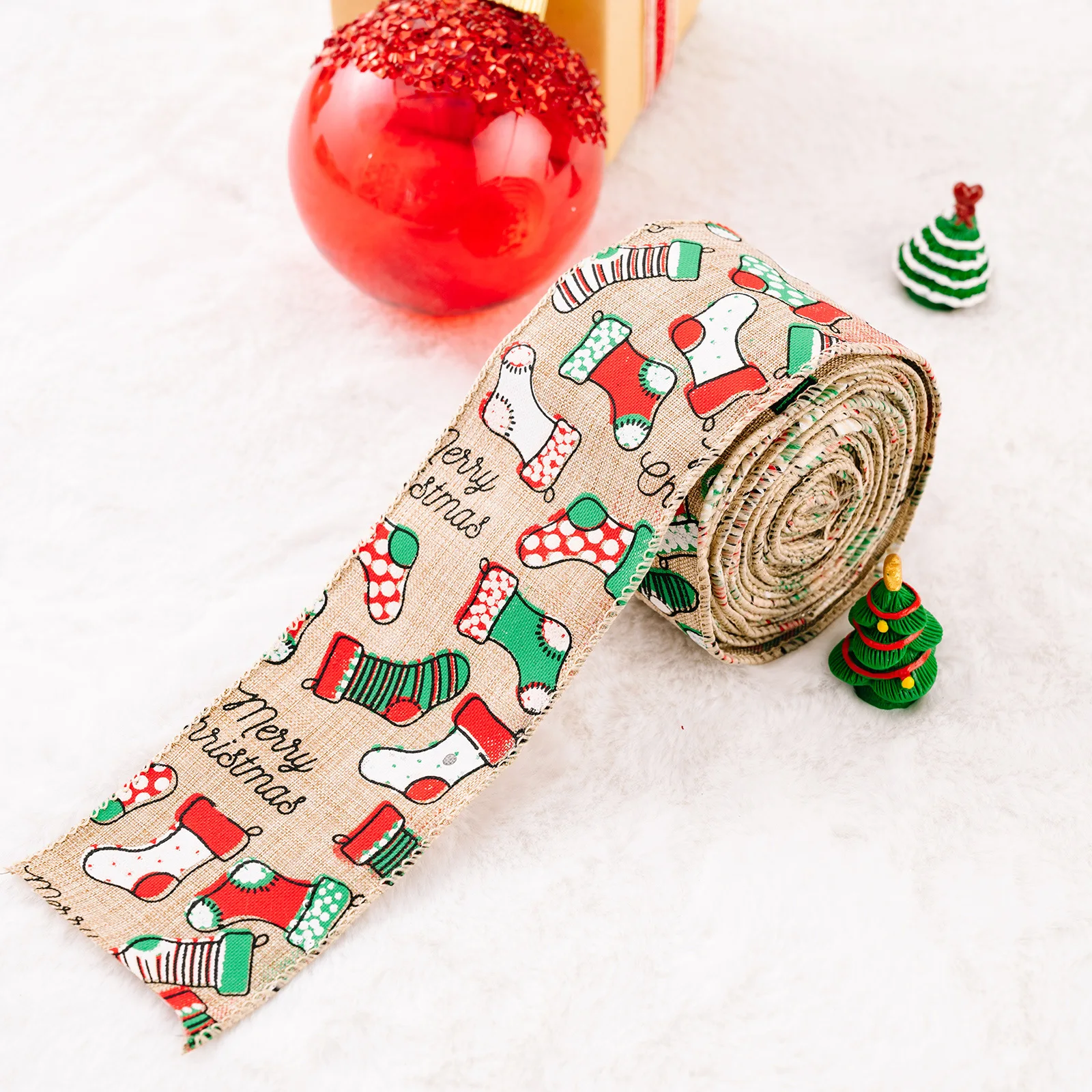 Christmas Ribbon Christmas Wired Edge Ribbons Burlap Craft Ribbon for Christmas Tree Decoration