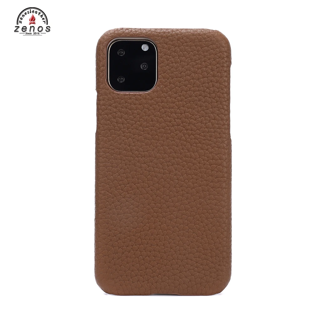 Zenos Factory Direct Gold Color Frame Full Grain Italy Genuine Leather Litchi Phone Case For Iphone 11 Case
