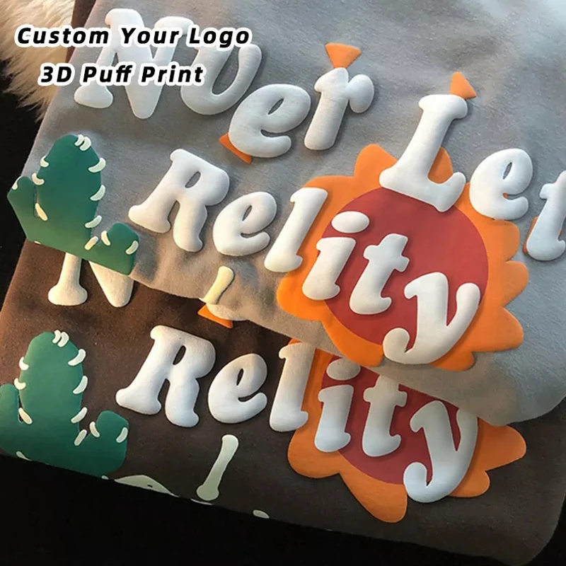 Qianshi Heavyweight 250 Gsm Heavy Cotton 100% T Shirt for Men Logo Tee Unisex Men Custom 3D Foam Puff Print Graphic T Shirt