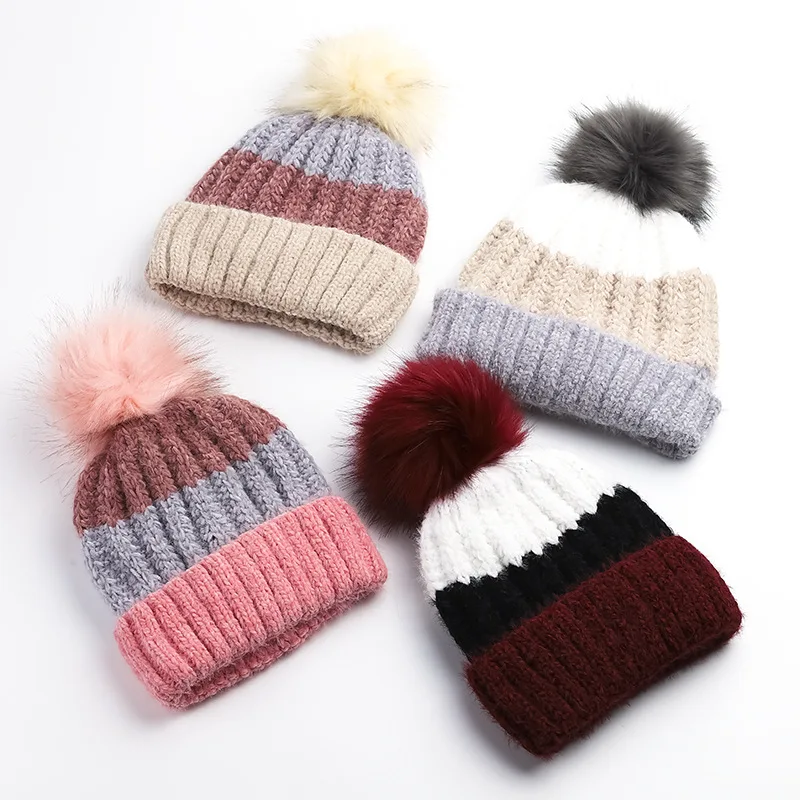 High Quality Striped Unisex Custom Logo Cashmere Jacquard Cuffed Pompom Autumn Winter Beanie Hat