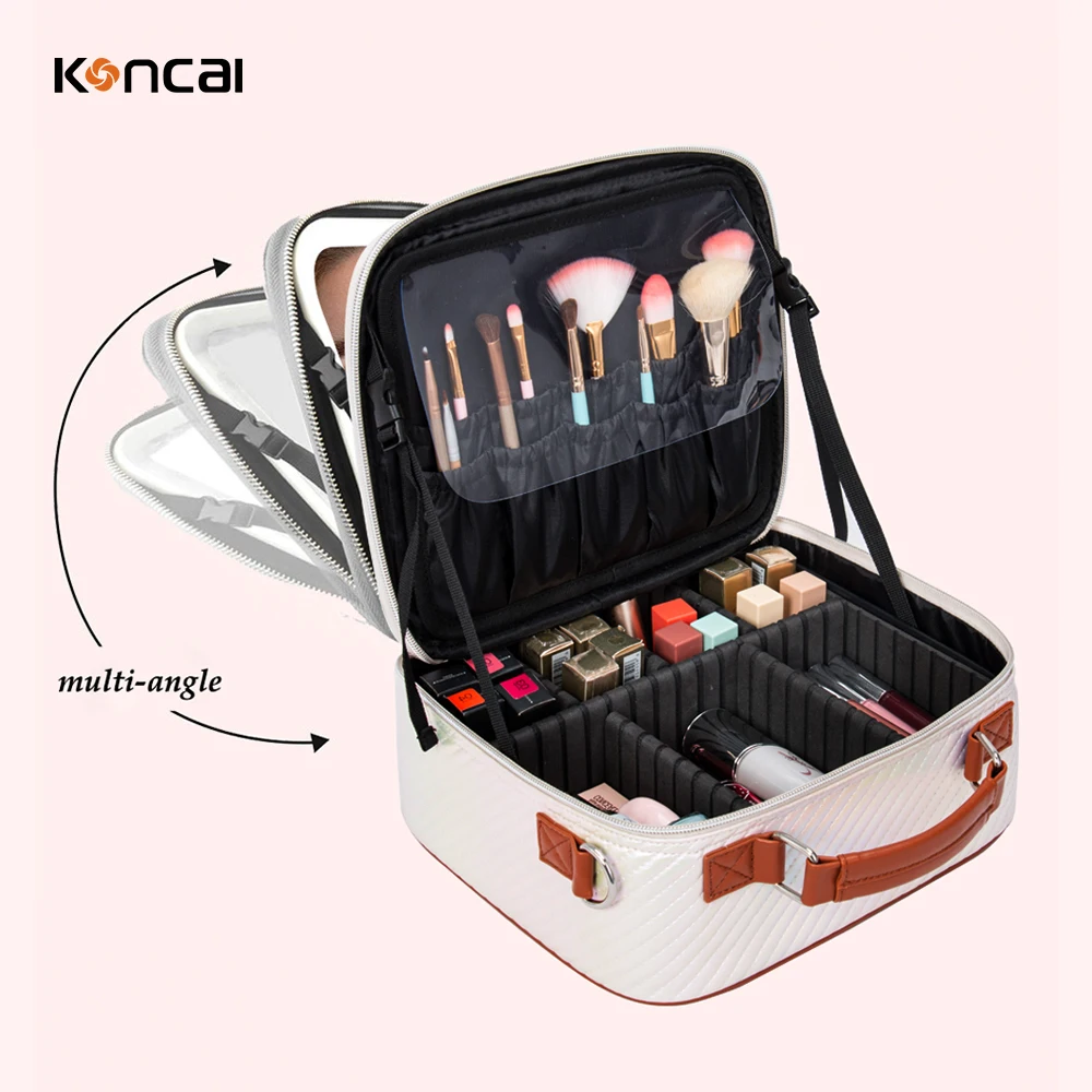 KONCAI Make Up Accessories Custom Vanity Box Organizer Beauty Makeup Case Leather Travel Cosmetic Bag with Led Mirror Light