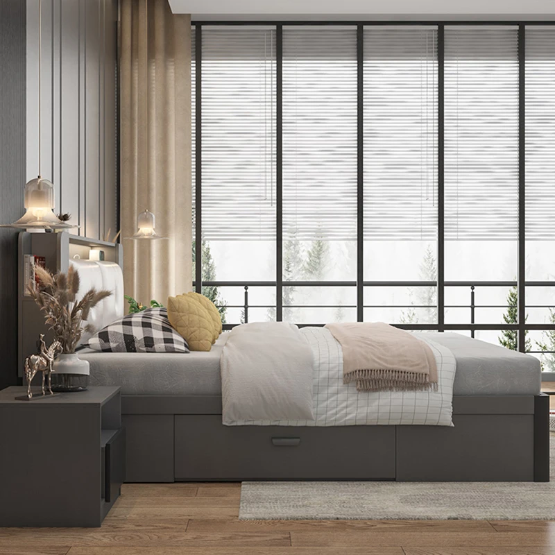 Nordic Bed Simple Multilayer Solid Wood Plywood High Box Storage Panel Bed Bedroom Furniture Factory Sales At A Low Price