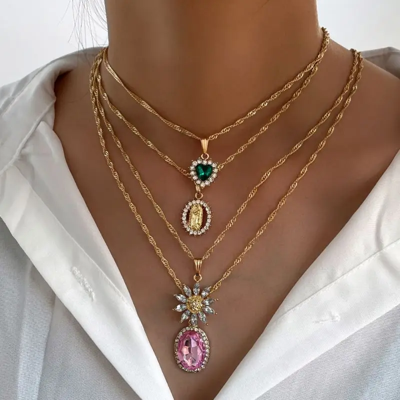 Multi Layer Faith Oval Rose Quartz Portrait Necklace Crystal Round Flower Love Heart Necklace