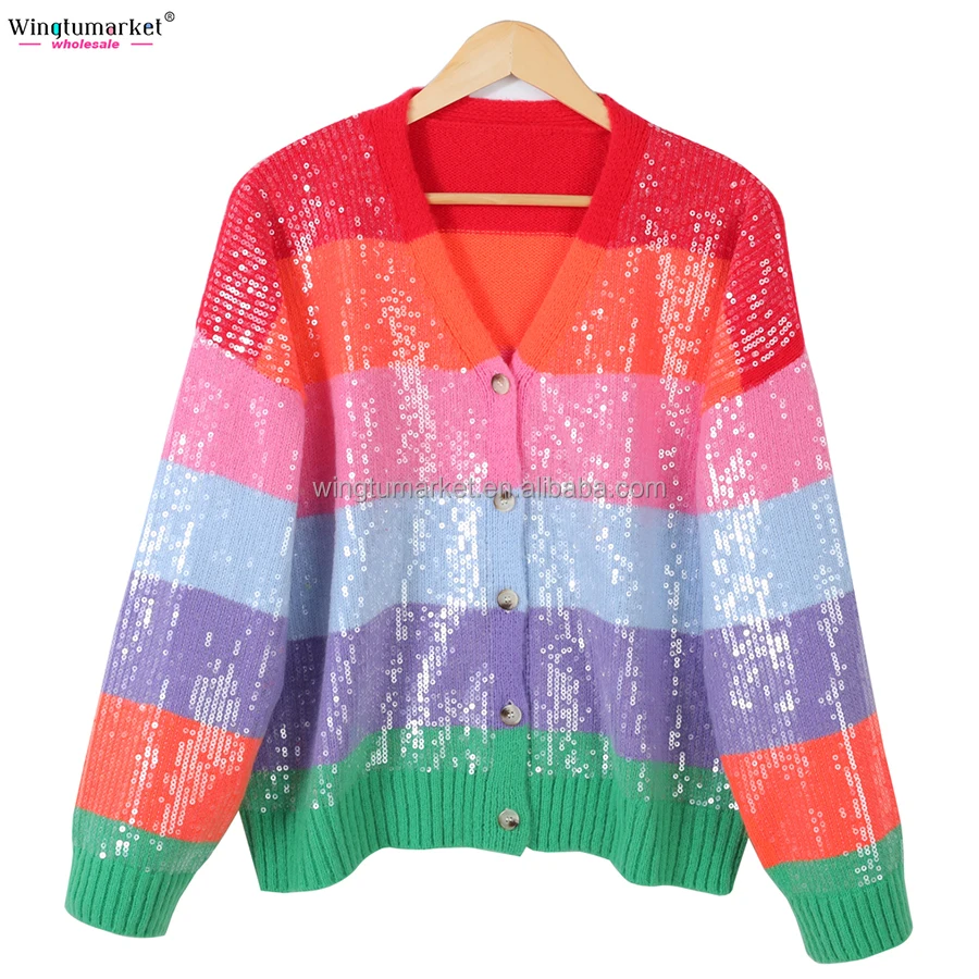 Holiday striped sequins knit sweater button sparkle rainbow custom sequin oversized knitted cardigan sweaters for women