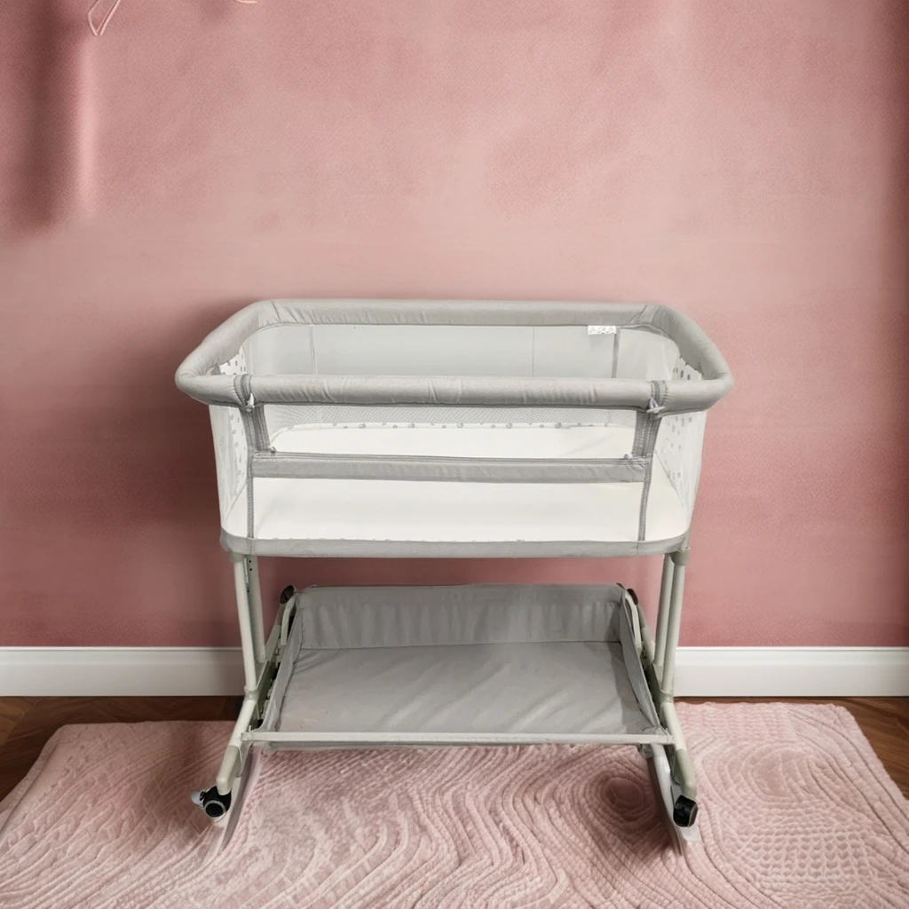 Aluminum Wooden Grain Frame Bedside Crib Upgraded Foldable Portable Baby Swing Bassinet CNC Machined