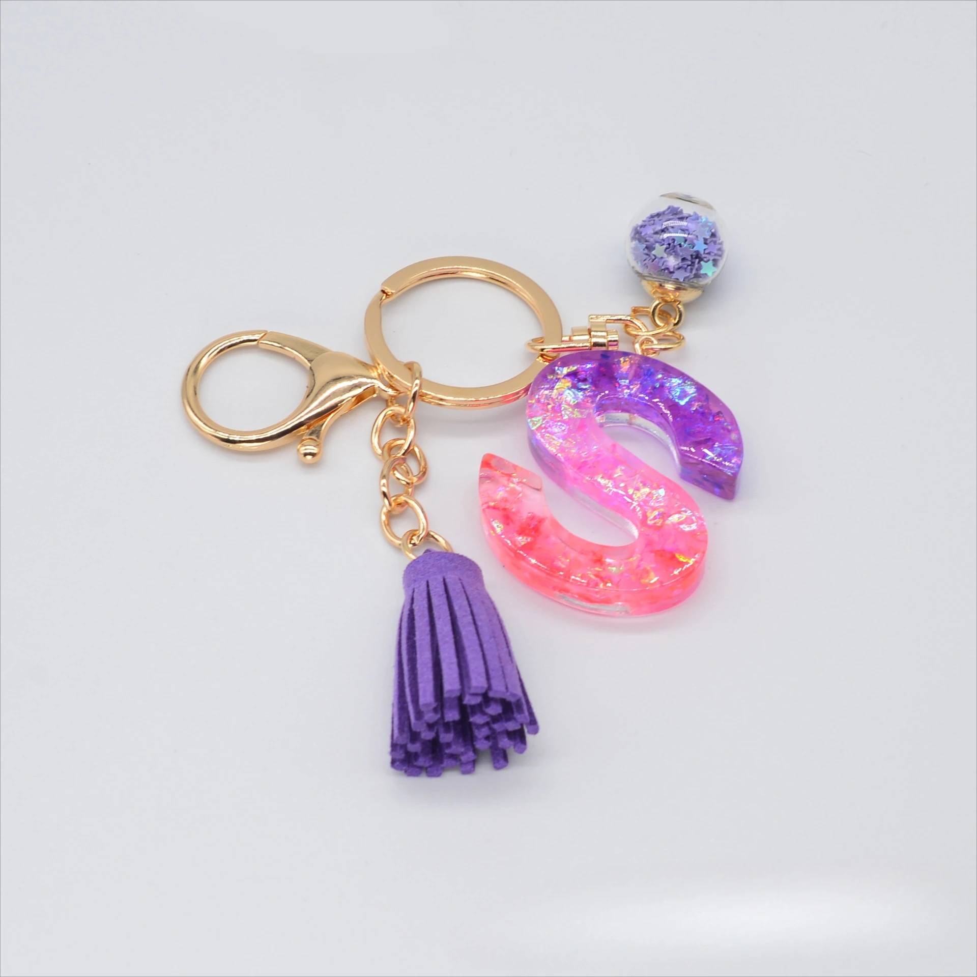 Wholesale Resin Glitter Letter Keychain Color Contrast Patchwork Crystal Epoxy Tassel English Letter Keychain