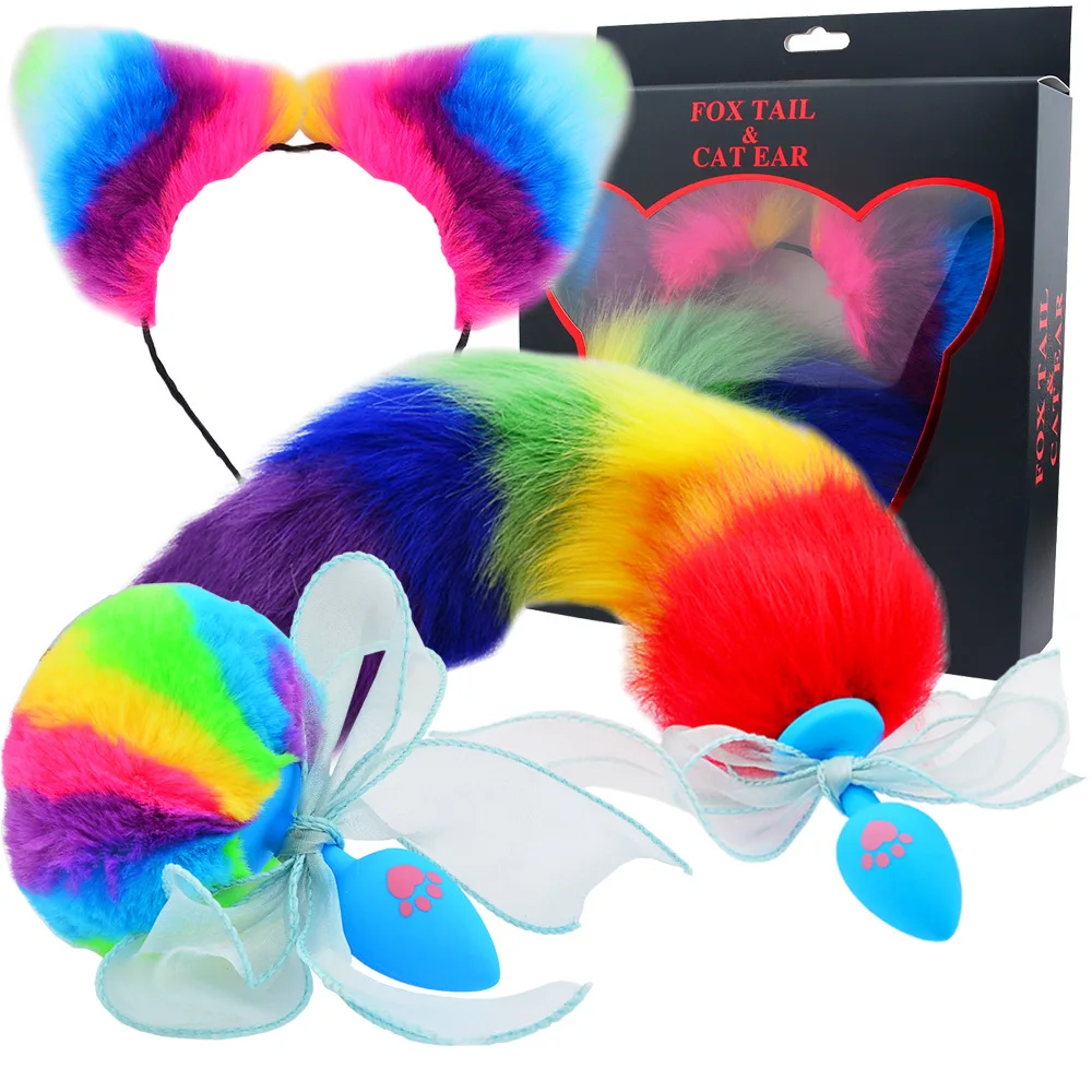 Soft Silicone Anal Plug Stopper Stainless Anal Butt Plug Women Role Play Adult Sm Game Rainbow Faux Fur Fox Tail Anal Stimulator