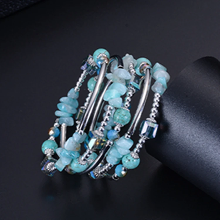 HP-01 Fashion Metal Cuff Bracelet Handmade Jewelry Memory Wrap Spiral Turquoise Bead Natural Crystal Stone Bangle Bracelet