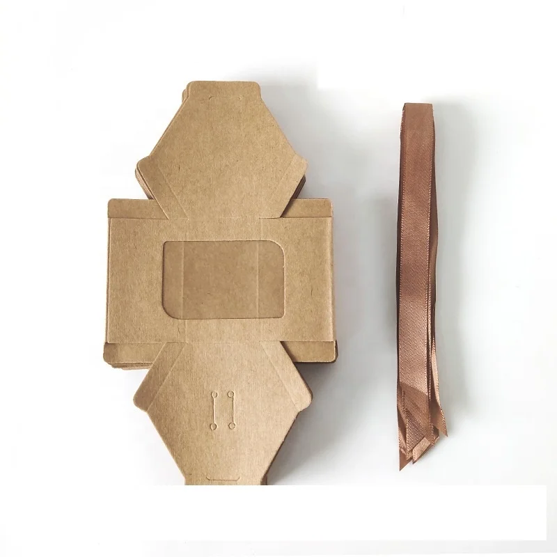 Kraft Packaging With Clear Window Customized Brown Kraft Paper Dessert Box Ribbon Handle Hexagon Polygon Box