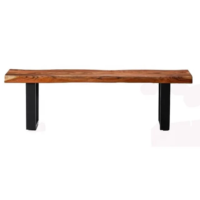 Industrial Vintage Live Edge Living Room Coffee Table Top with Black Finish Folding Metal Tube Legs Base Restaurant Bench