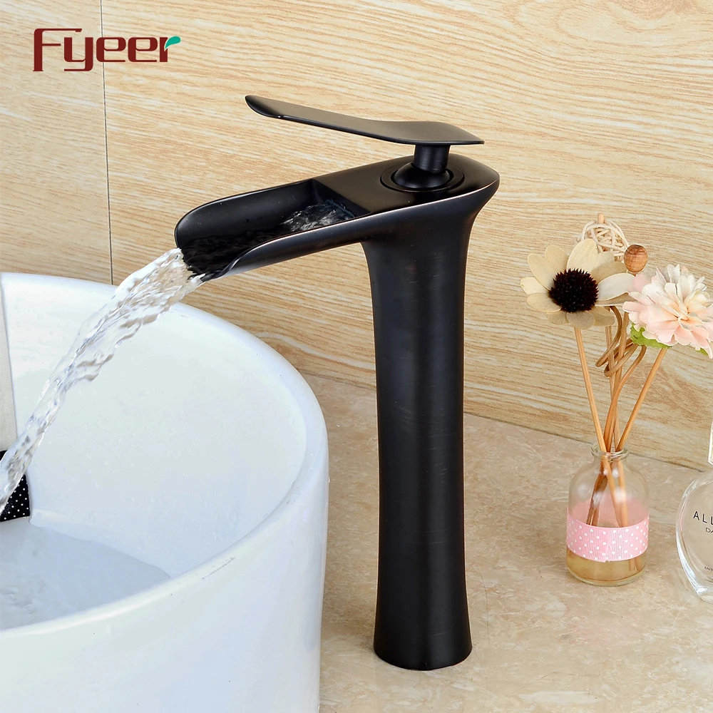 Fyeer High Arc Wash Basin Waterfall Black Bathroom Vessel Faucet