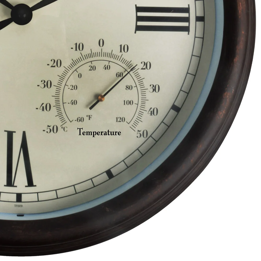 Esschert Design custom logo Roman numerals outdoor clock plastic antique brown wall clock with Color window box plastic handle